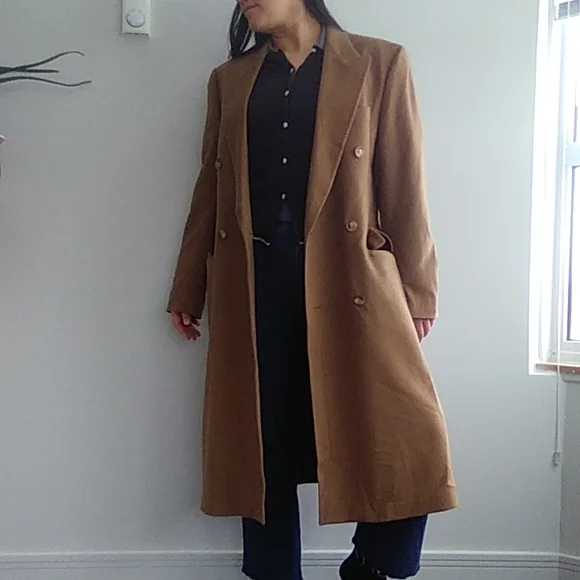 Loro Piana Hugo Boss vintage men's wool camel tan long trench coat peacoat  Lrg - Picture 7 of 16